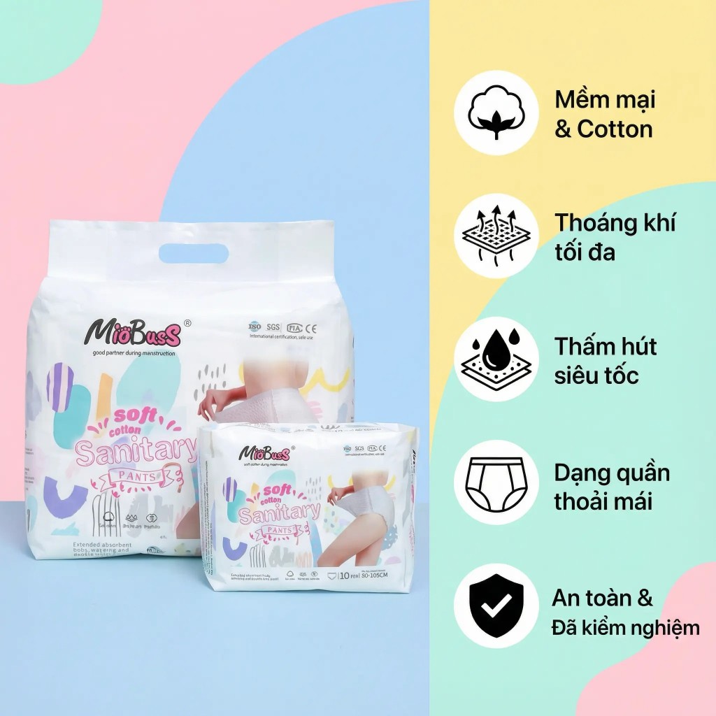 [50 miếng] MioBusS Băng vệ sinh phụ nữ dạng quần – Thoáng khí, thấm hút, an toàn cho da