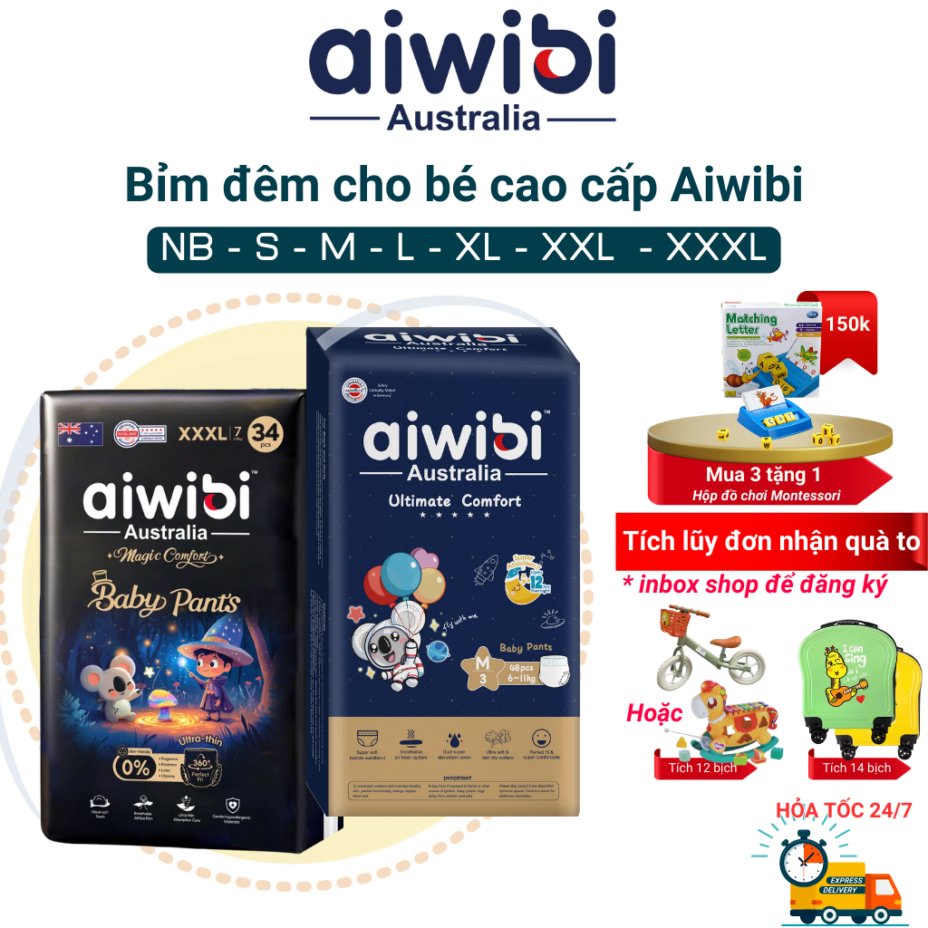 Bỉm đêm Aiwibi Australia, bỉm đêm Magic cho bé, bỉm đêm siêu mỏng, mềm mại, thấm hút tốt đủ các size