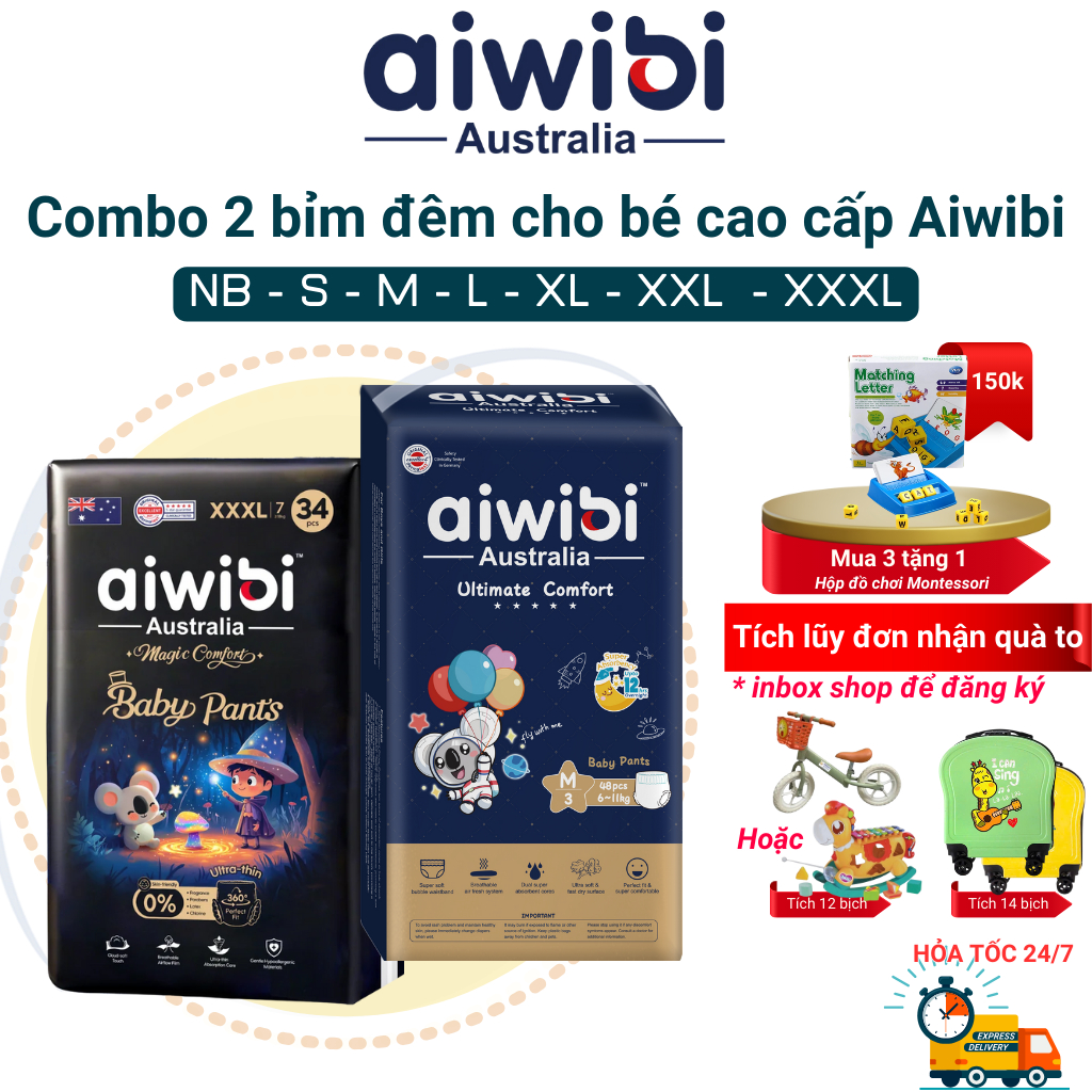 Combo 2 bịch bỉm đêm aiwibi Australia, bỉm đêm cho bé siêu mỏng, mềm mại, thấm hút tốt đủ các size