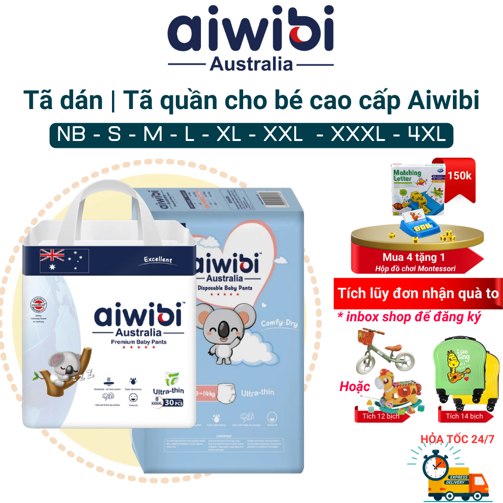 Tã/Bỉm aiwibi Australia, bỉm cho bé cao cấp, bỉm aiwibi siêu mỏng, mềm mại đủ size đến 72 miếng