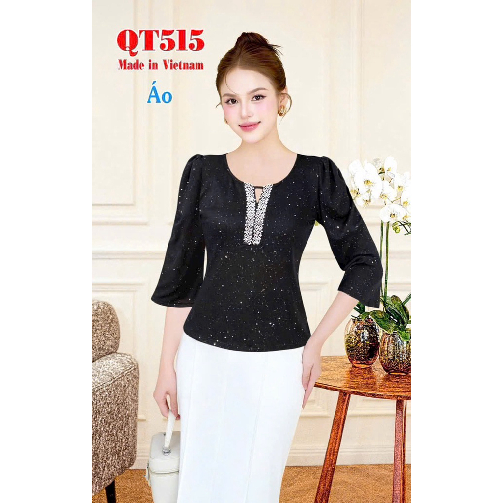 Áo Kiểu Nữ Trung Niên Đính Đá Chất Mango Mềm Mát Free Size 52-67Kg