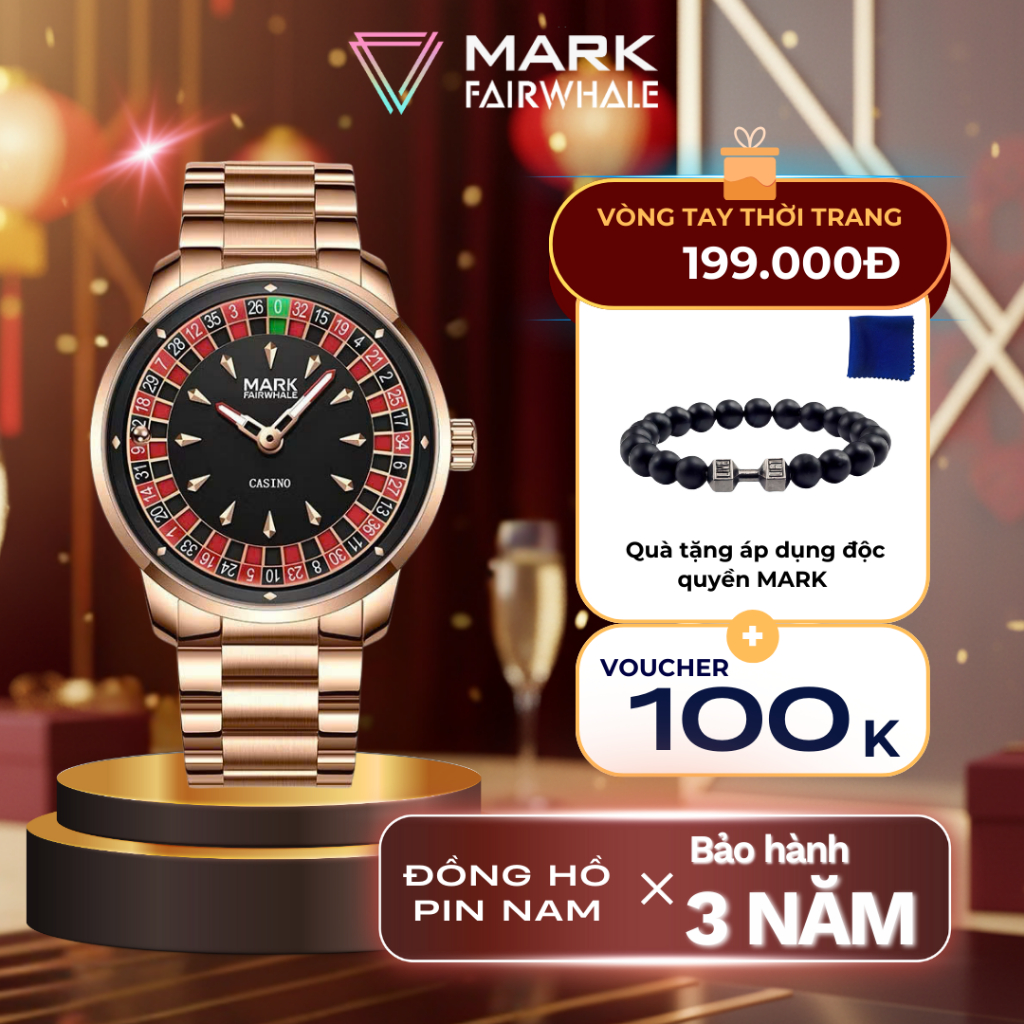 Đồng hồ đeo tay nam MARK FAIRWHALE,Đồng hồ dây thép thiết kế cảm hứng từ CASINO chính hãng size 43mm