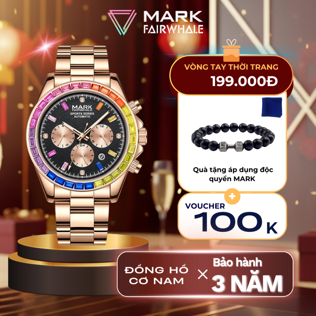 Đồng hồ cơ Mark FairWhale automatic nam lộ cơ,Đồng hồ nam dây thép viền nạm đá nhiều màu full box