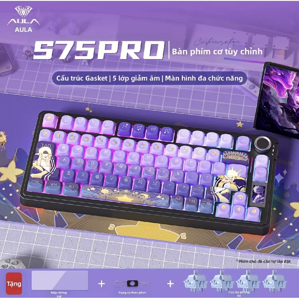 AULA Bàn phím cơ S75/F75 Pro Mạch xuôi Layout 75% 80 keys và núm xoay-Màn hình màu 1.14 TF-Hotswap-LED RGB 16 triệu màu | BigBuy360 - bigbuy360.vn