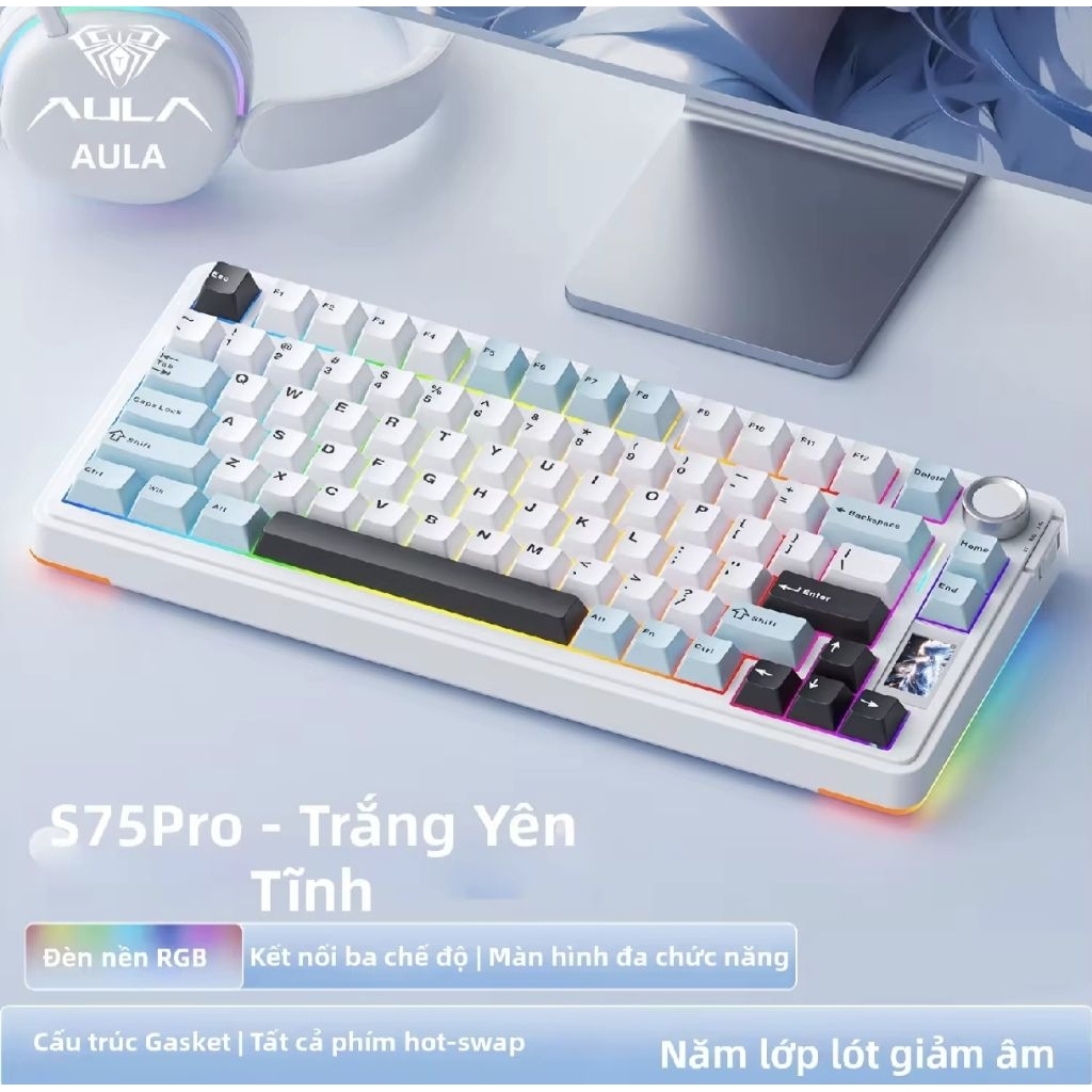 AULA Bàn phím cơ S75/F75 Pro Mạch xuôi Layout 75% 80 keys và núm xoay-Màn hình màu 1.14 TF-Hotswap-LED RGB 16 triệu màu | BigBuy360 - bigbuy360.vn