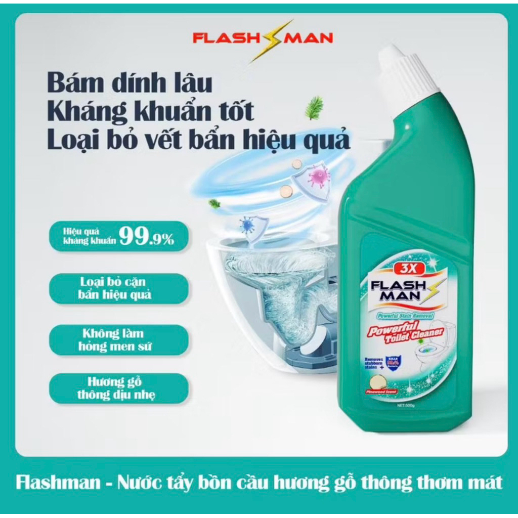Nước Tẩy Bồn Cầu Flashman 500g – Diệt Khuẩn 99.9% – Khử Mùi, Tẩy Sạch Vết Bẩn
