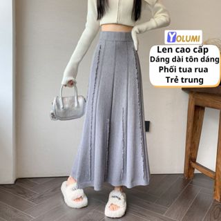 Chân Váy Len Dáng A Dài Xòe Cạp Cao Tôn Dáng Phối Đường Tua Rua Dọc Trẻ Trung YOLUMI 