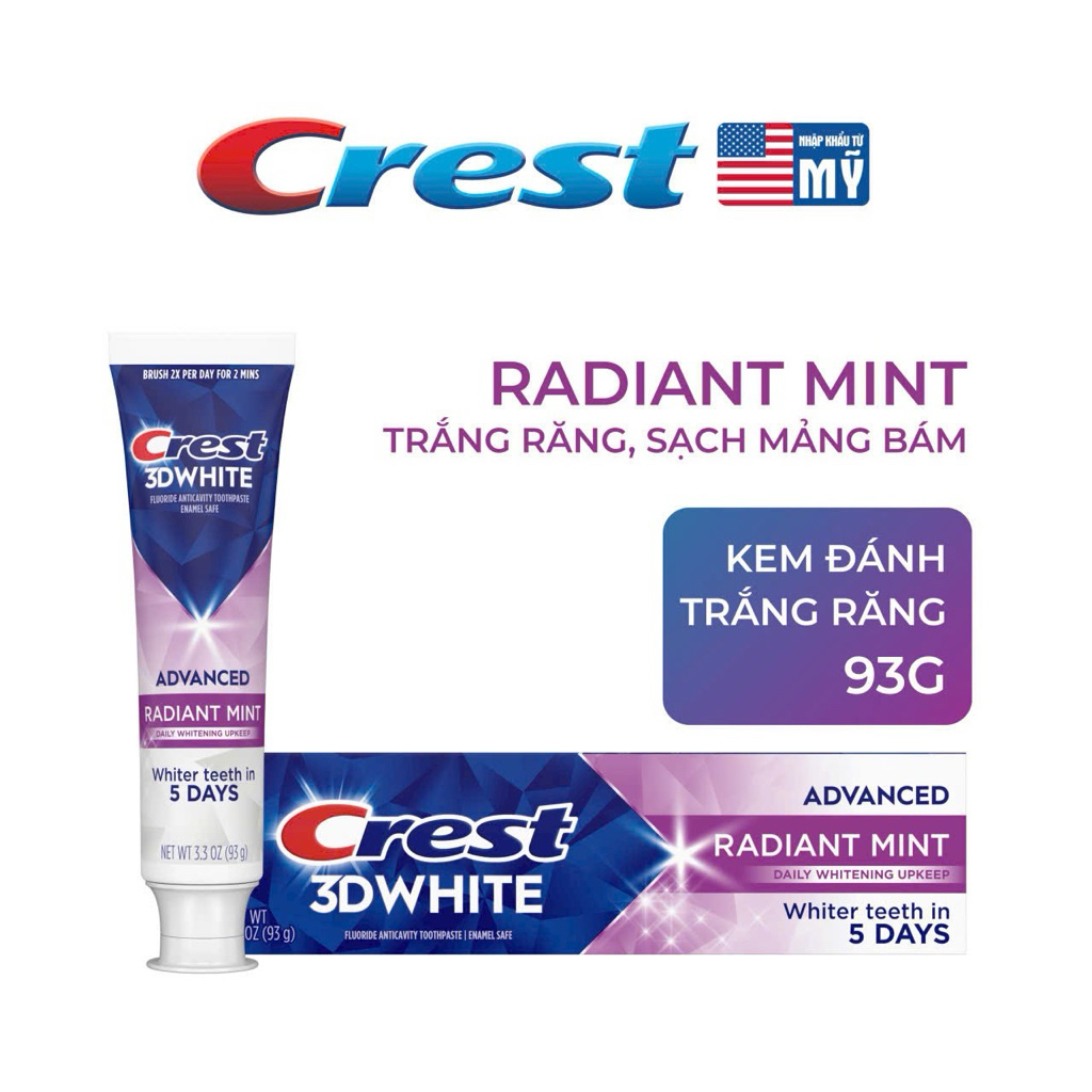 Kem đánh răng làm trắng Crest 3D White Radiant/ Luminous Mint Advanced 93/104g