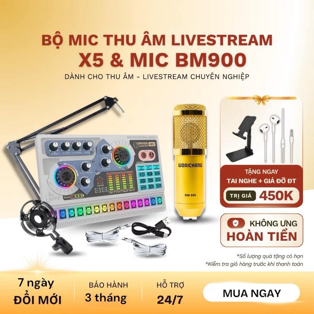 Bộ Combo Mic Thu Âm Hát Livestream Sound Card X5 & Mic BM900 Dành Cho Điện Thoại