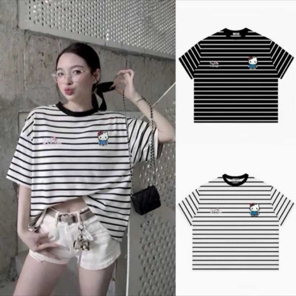Áo thun thun cộc tay nam nữ form rộng tay lỡ hottrend kẻ sọc vằn Habo kitty