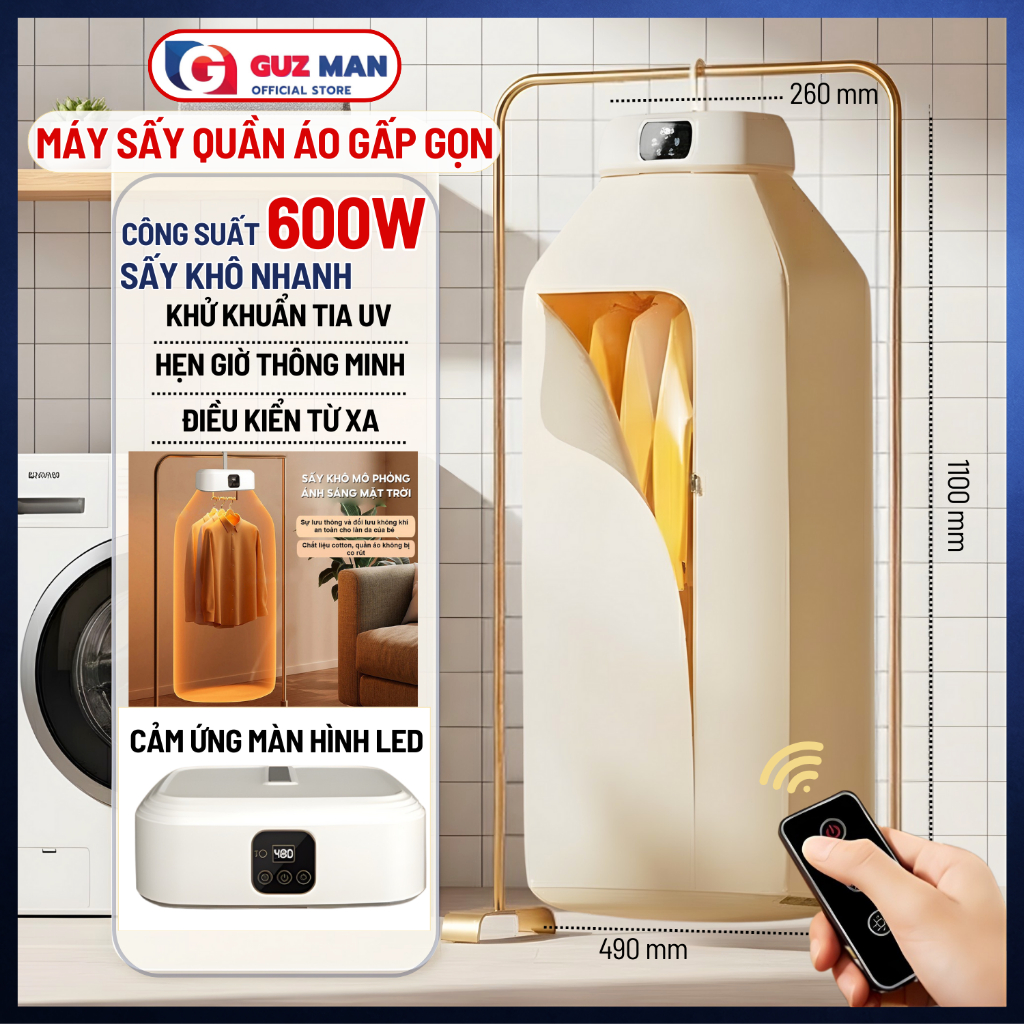 Máy sấy quần áo gấp gọn 600W Sấy nhanh khô đều Khử khuẩn tia UV, Hẹn giờ thông minh Tiết kiệm điện