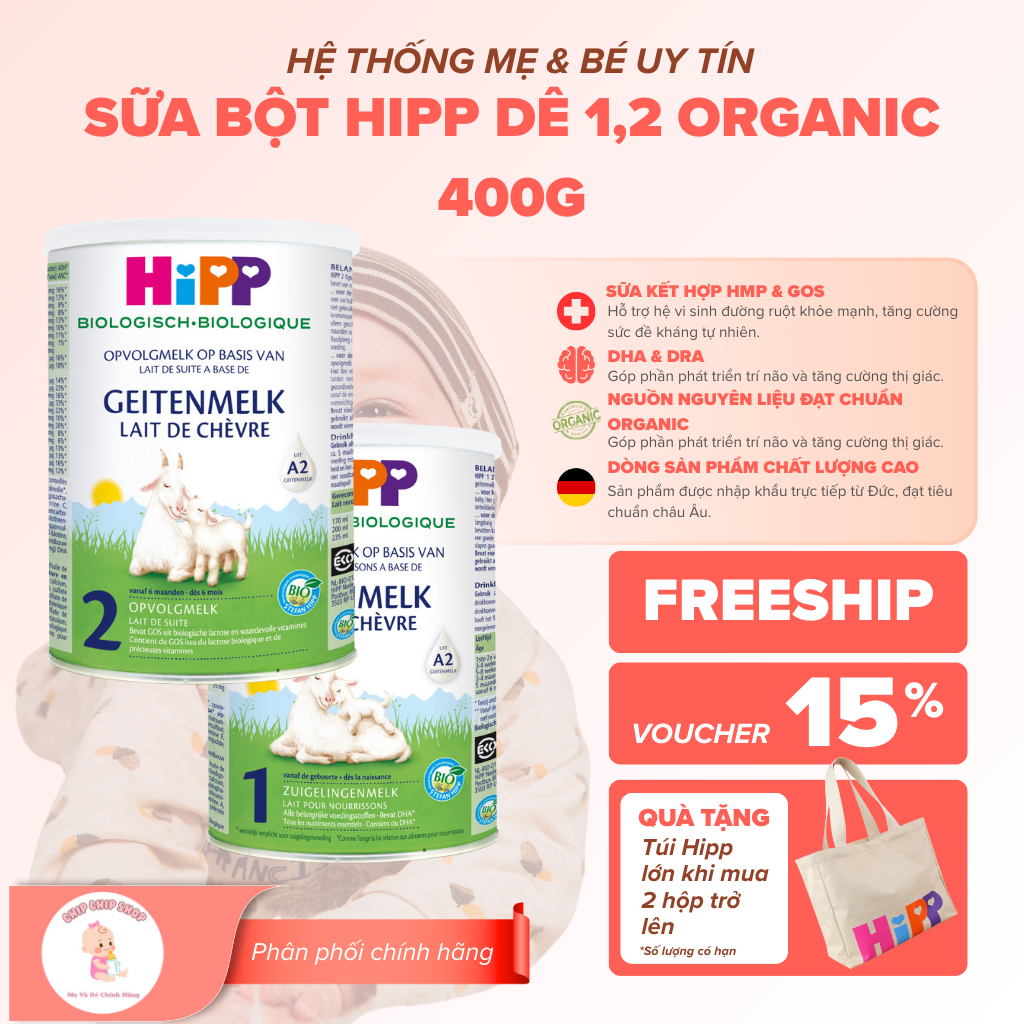 Sữa Dê HiPP Organic 1-2 400g - Chứa Đạm A2 Tự Nhiên & Chất Xơ GOS - An Toàn - Chipchipshop