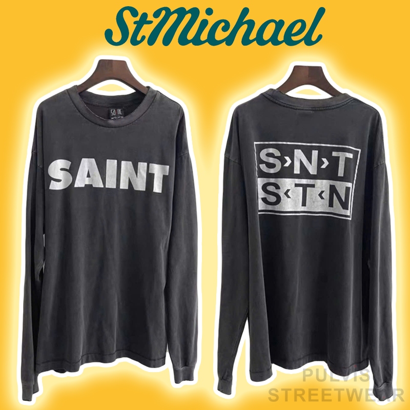 ⚡️[Hight Quality] - Áo Tee Saint Michael Faded Gray Ripped Saint Printed Cotton Longsleeve, Áo thun 
