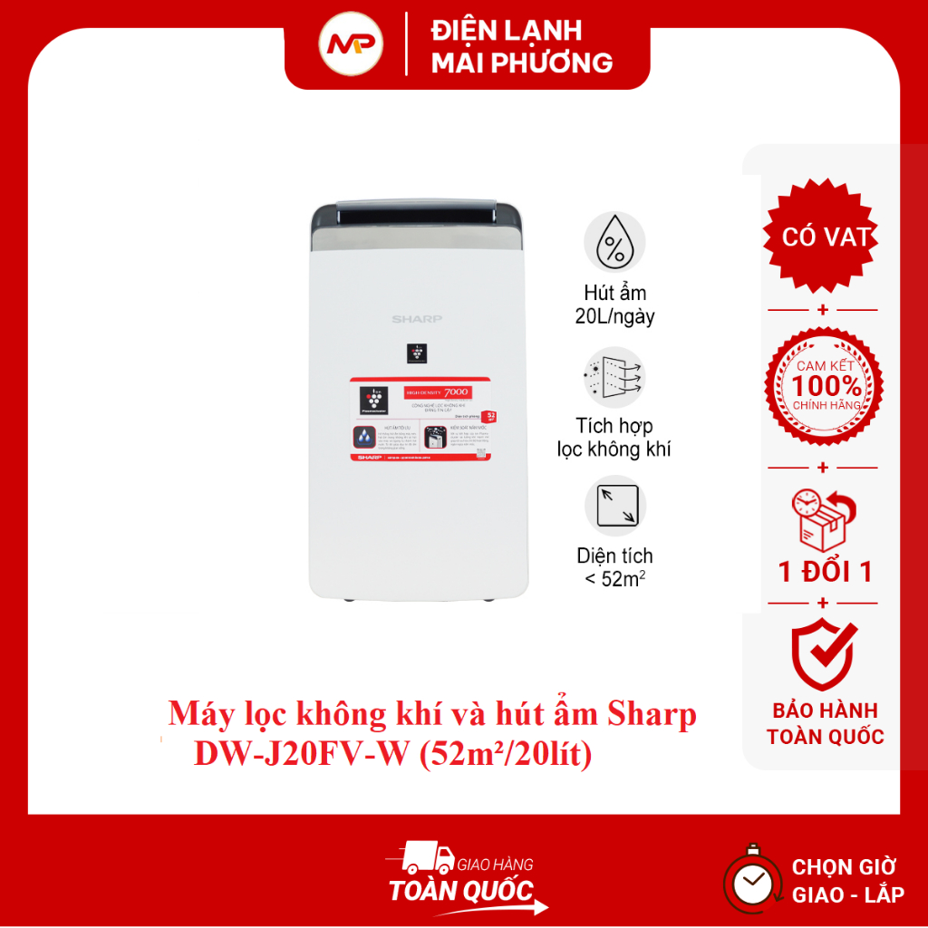 Máy lọc không khí và hút ẩm Sharp DW-J20FV-W (52m²/20lít) - Bảo hành chính hãng