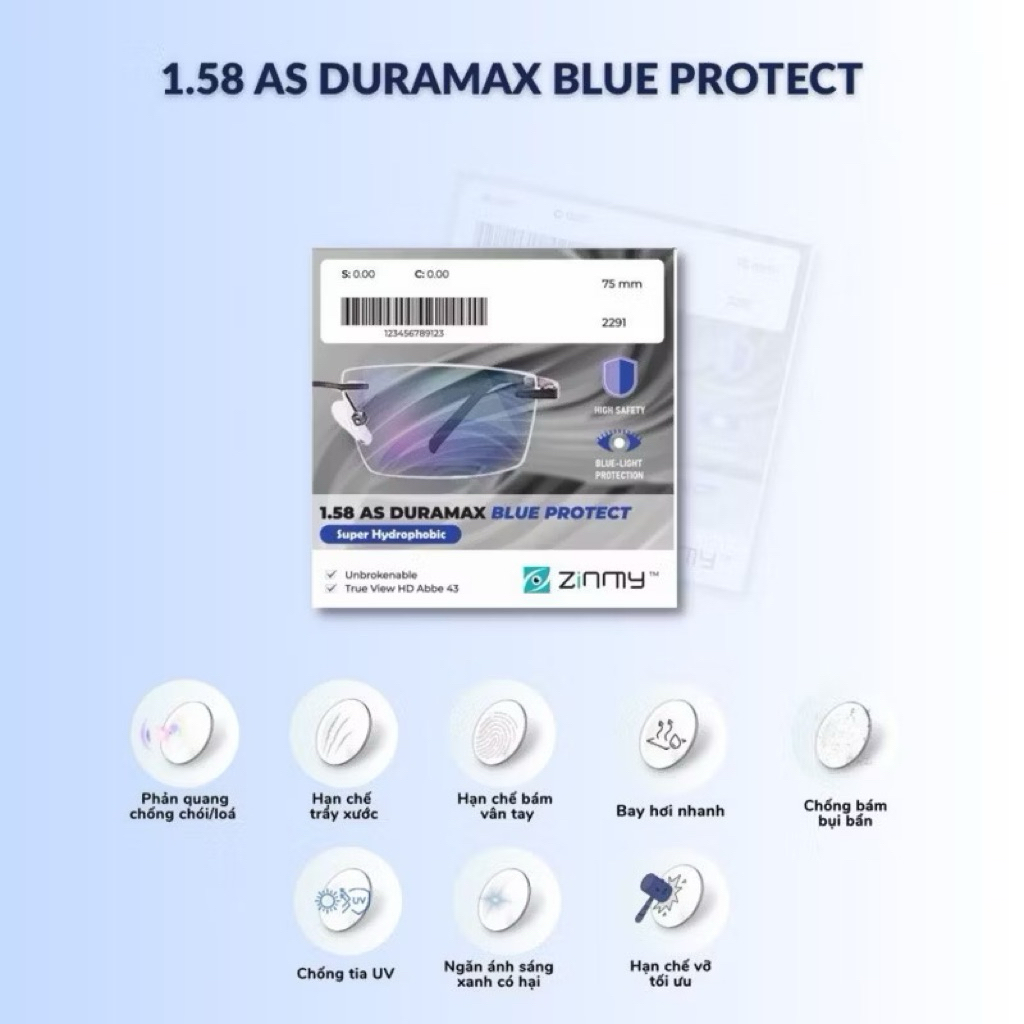 Tròng kính chống bể chống ánh sáng xanh Zinmy 1.58 Duramax Blue Protect Singapore