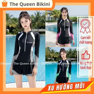  Đồ bơi nữ Wonder Girl bikini đi biển kín đáo áo tay dài có khóa kéo quần 2 lớp phối màu kiểu Hàn Quốc The Queen 080 