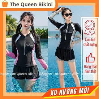  Đồ bơi nữ phối 3 màu bikini đi biển kín đáo kiểu dáng thể thao áo Tay dài có khóa kéo quần ngắn 2 lớp The Queen 055 