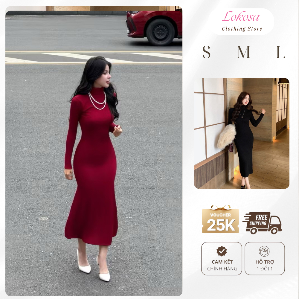Đầm Body Đen Chất Thun Gân Co Dãn Dày Dặn Cổ Cao LOKOSA Đầm Dáng Dài Ôm Body Tôn Dáng Màu Đen VD001