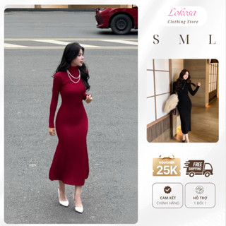 Đầm Body Đen Chất Thun Gân Co Dãn Dày Dặn Cổ Cao LOKOSA Đầm Dáng Dài Ôm Body Tôn Dáng Màu Đen VD001