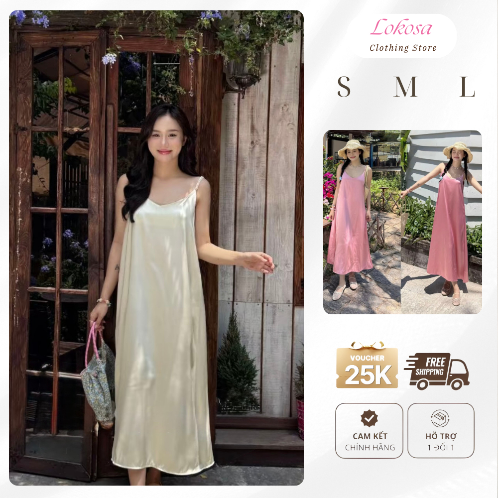 Váy đầm lụa dài hai dây LOKOSA Váy đầm lụa dáng dài suông trẻ trung, Váy đầm 2 dây đi biển VD017