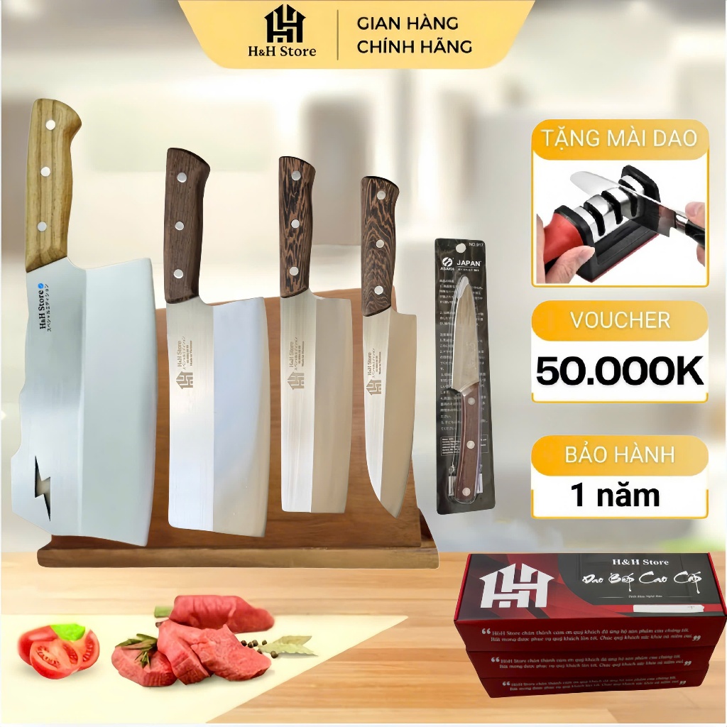 [Bộ 5 Dao]Bộ Dao Bếp Thép Trắng Không Gỉ 58HRC Cán Ốp Gỗ Mun 3 Đinh Chắc Chắn