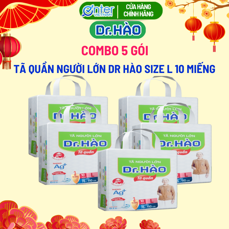 Tã Bỉm Quần Người Lớn Dr. HÀO Size L Gói 10 Miếng Kháng Khuẩn Khử Mùi (5 Gói)