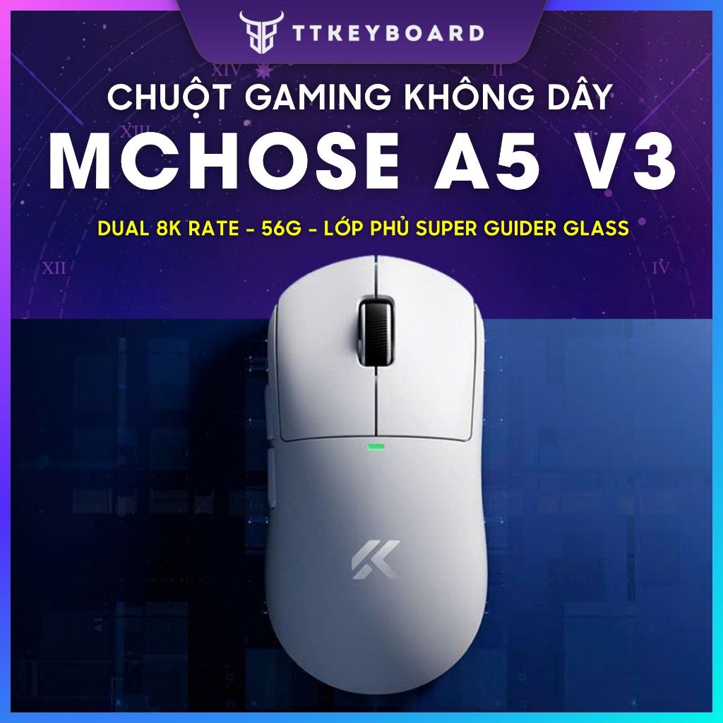 [Hỏa Tốc] Chuột Không Dây Gaming Mchose A5 V3 Dual 8K Polling Rate Siêu Nhẹ 56G Lớp Phủ Super Glide