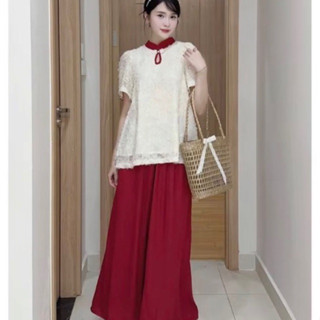  Set áo kiểu Babydoll phối cổ tàu kèm quần ống rộng cực xinh phong cách tiểu thư dễ thương cho nữ đồ tết đồ noel cực xinh 