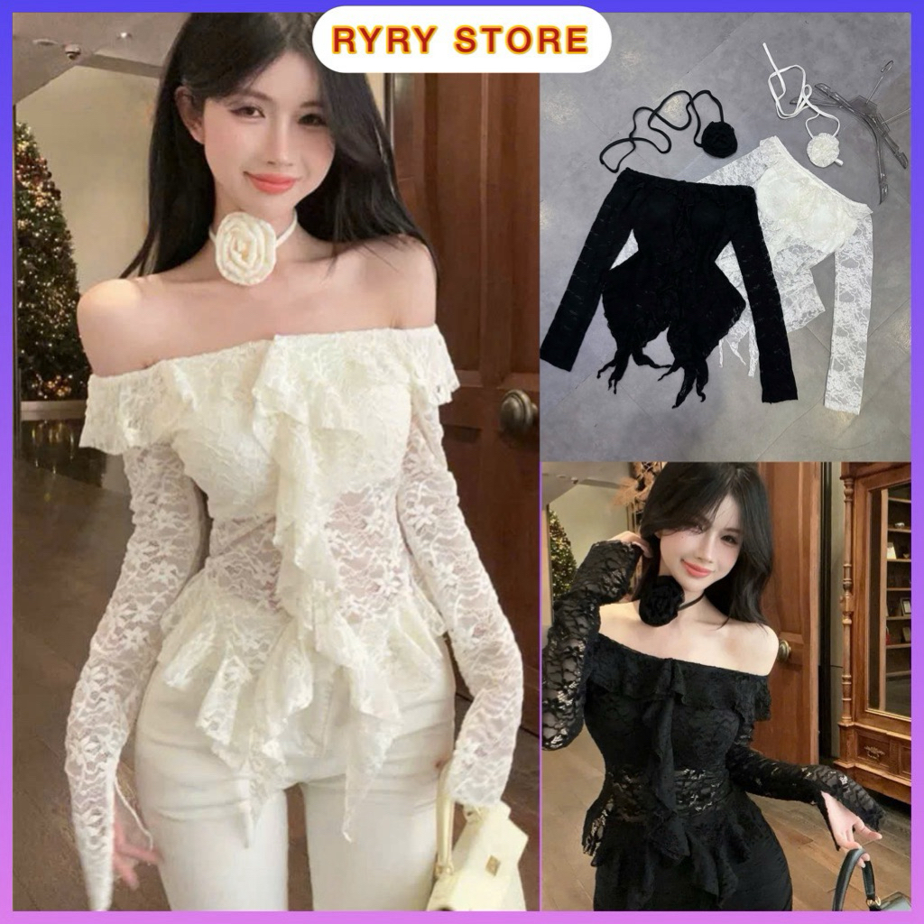 Áo corset nữ trễ vai buộc dây kèm hoa cổ áo corset ren bèo phong cách vintage quyến rũ