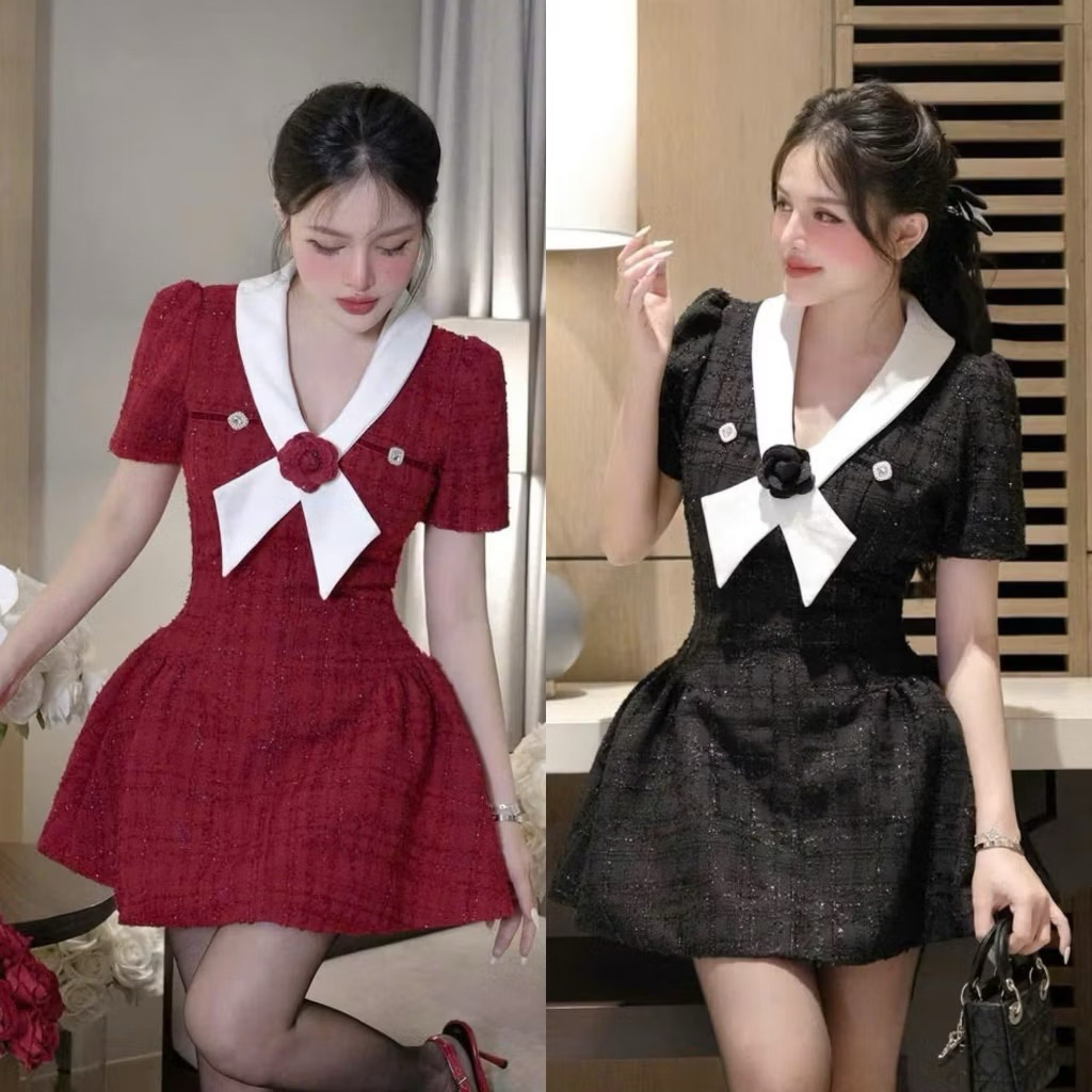 Hiếu Hiếu Bigsize Đầm dạ viền cổ trắng đi tiệc lấp lánh bigsize 55-100kg