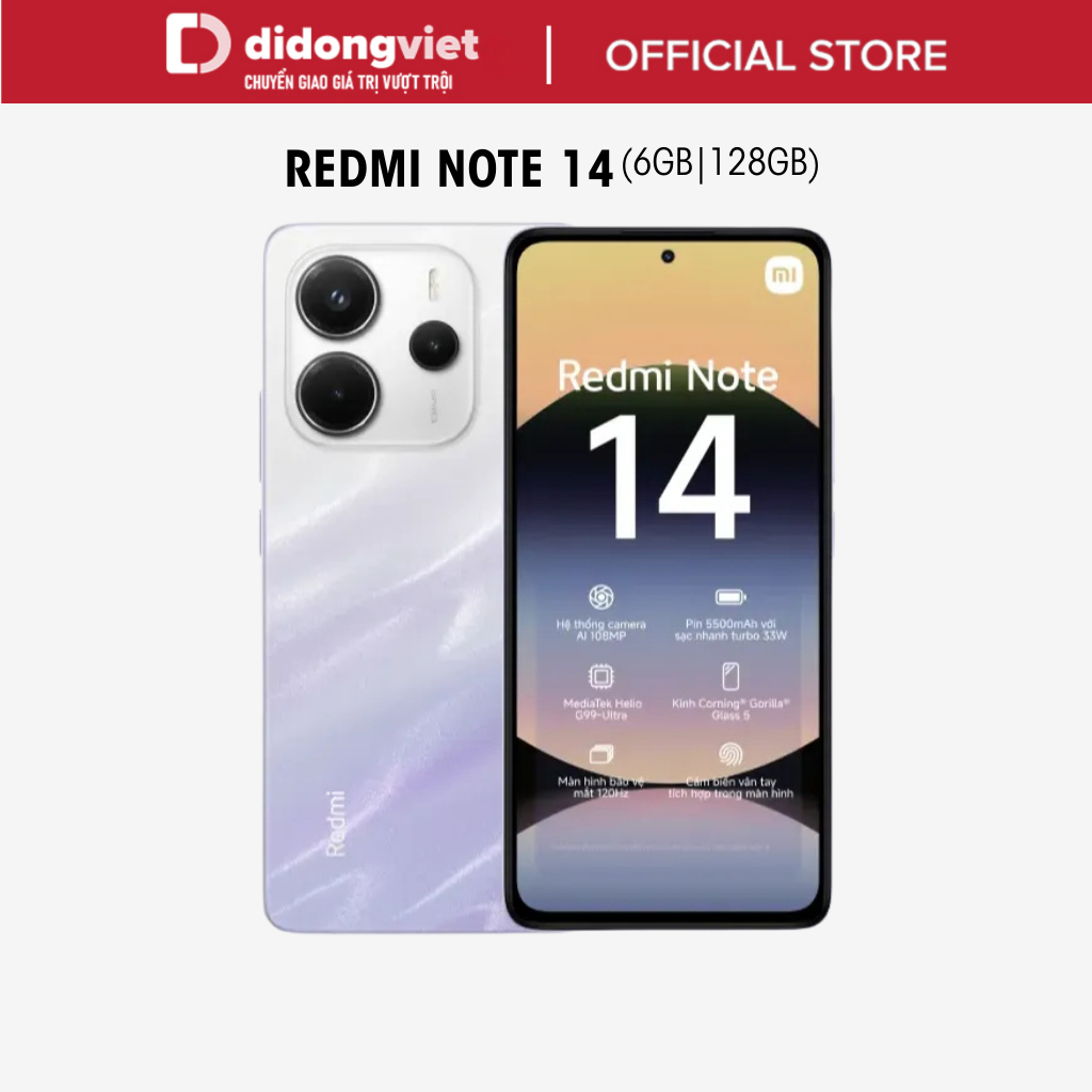Điện thoại Xiaomi Redmi Note 14 6GB | 128GB, 6.67" 120Hz - MediaTek Helio G99-Ultra - 5500 mAh | BH 