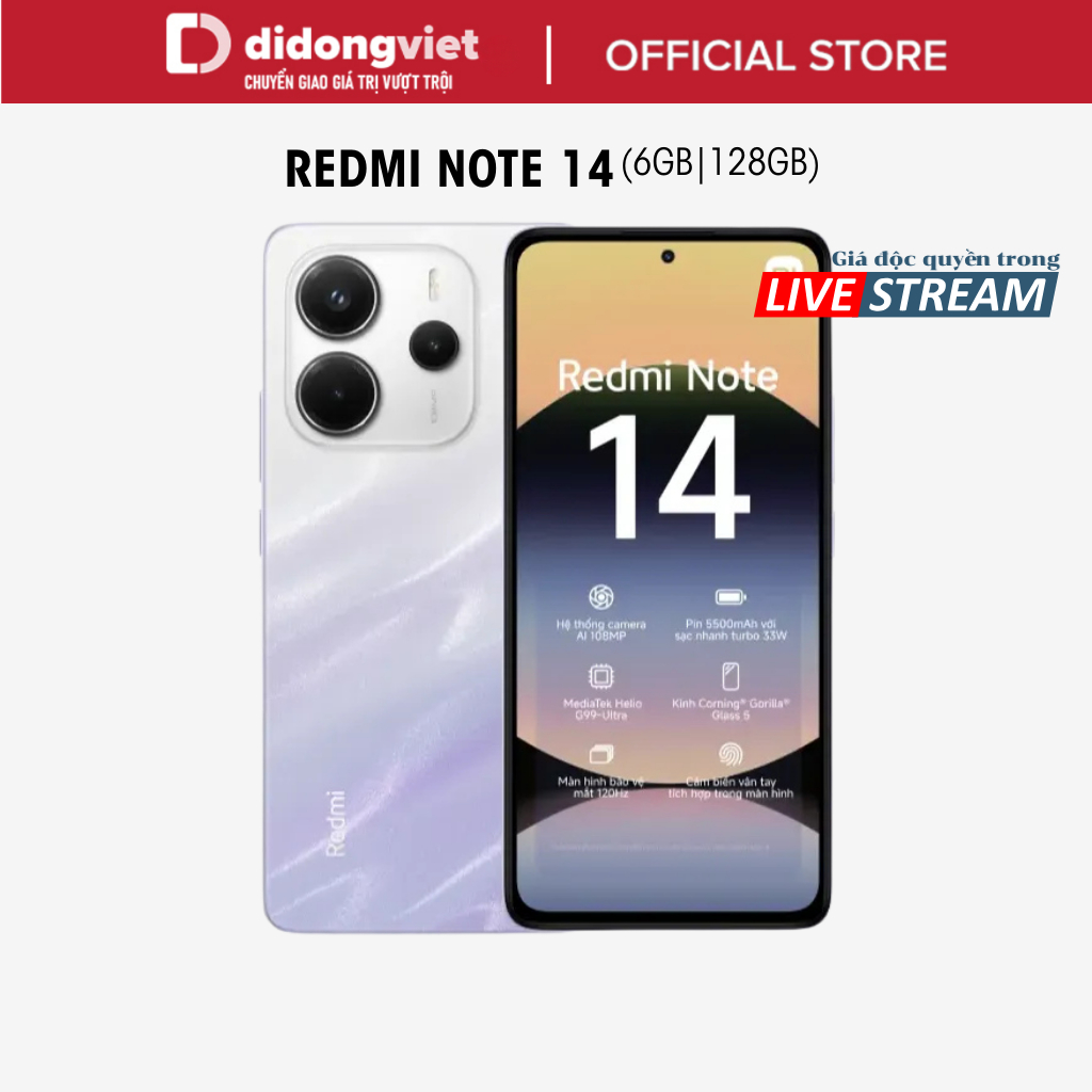 (KOL) Điện thoại Xiaomi Redmi Note 14 6GB | 128GB, 6.67" 120Hz - MediaTek Helio G99-Ultra - 5500 mAh