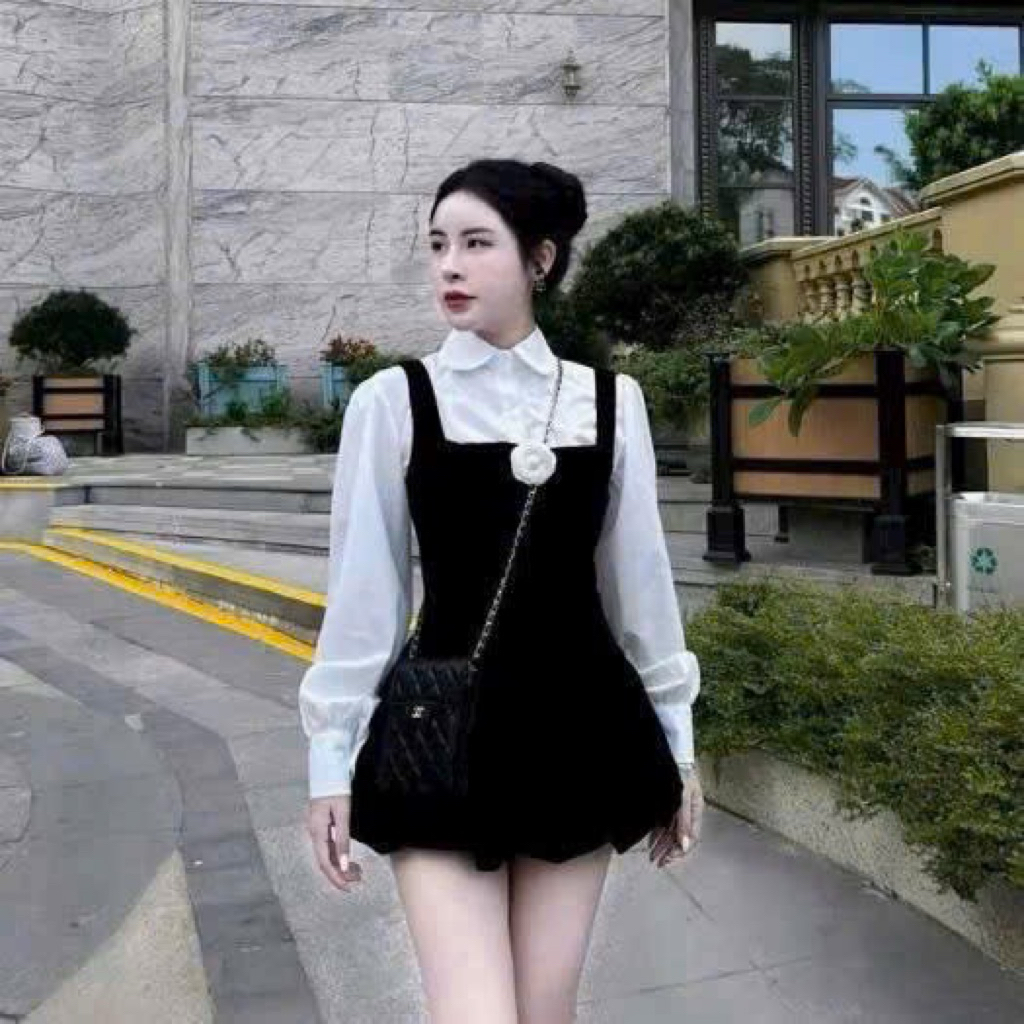 Hiếu Hiếu Bigsize Set yếm nhung kèm áo sơ mi trơn bigsize 55-100kg