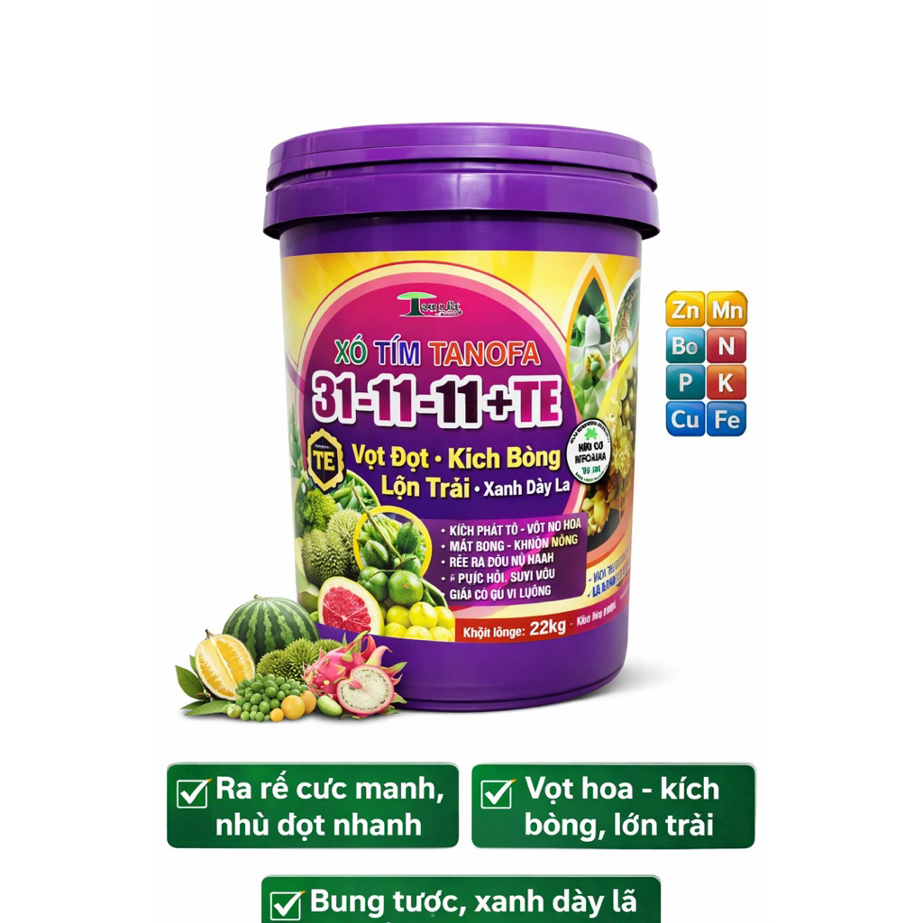Xô Tím TANOFA 31-11-11+TE 22kg – Vọt Đọt, Kích Bông, Lớn Trái, Xanh Dày Lá