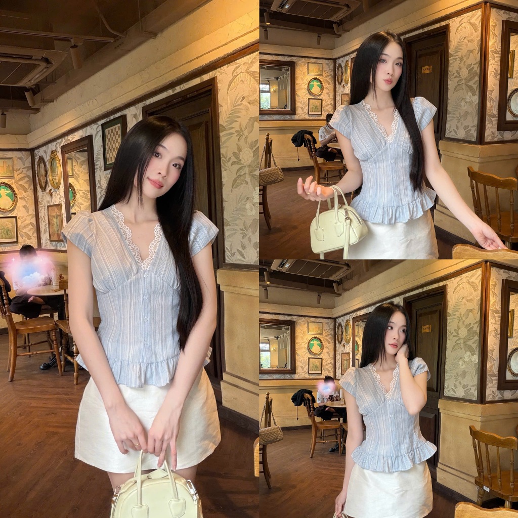 Áo sơ mi áo kiểu nữ tay con cổ V viền ren trẻ trung LAMO - B1512 | BigBuy360 - bigbuy360.vn