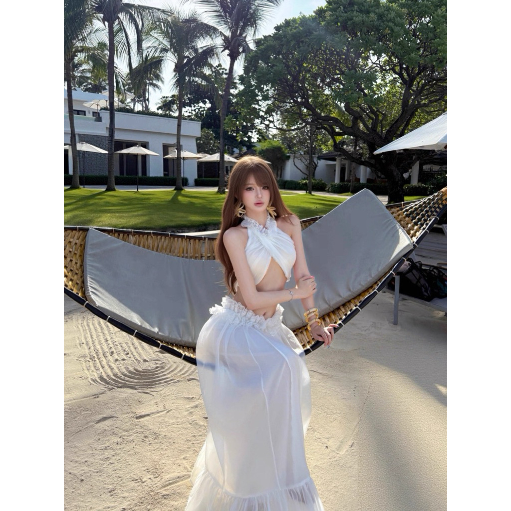 Set váy đi biển nàng thơ màu trắng TABISHOP Set áo yếm hở lưng phối chân váy dài maxi sexy sang chảnh(287) | BigBuy360 - bigbuy360.vn