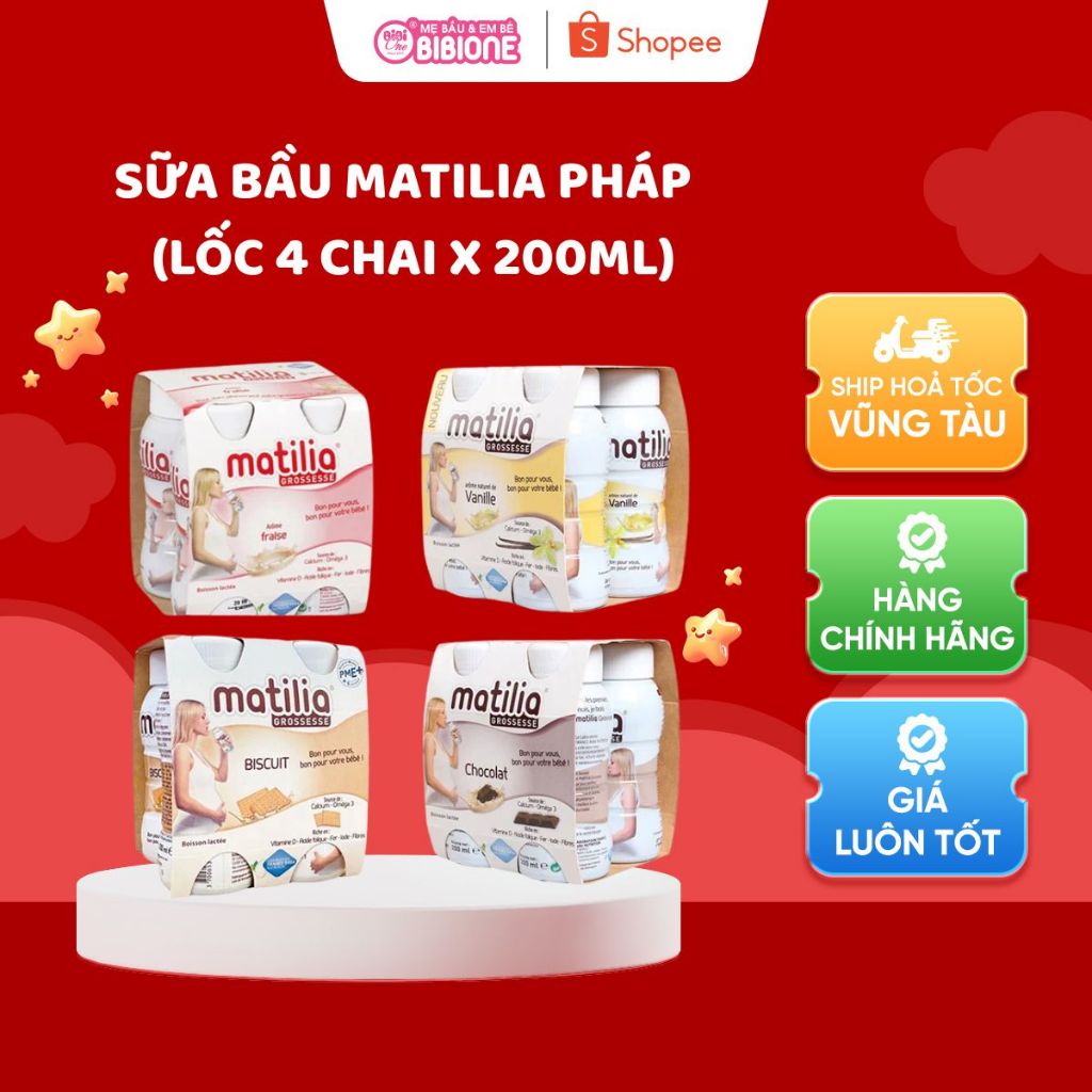 [CHÍNH HÃNG] Sữa Bầu Matilia Pháp 200ml Lốc 4 Hộp - 4 Vị Socola Vani Biscuit Dâu – Dinh Dưỡng Cho Mẹ