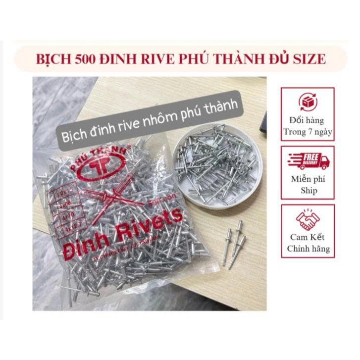 Bịch 500 đinh rút Rive Phú Thành Đủ Size 3x8, 3x10, 3 x12, 4x10, 4x12, 4x16, 4x19, 5x10, 5x12, 5x16