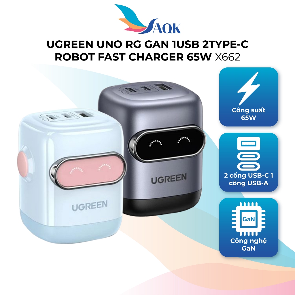 Cốc sạc Ugreen Uno RG GaN 1USB 2Type-C Robot Fast Charger 65W X662 - Hàng chính hãng
