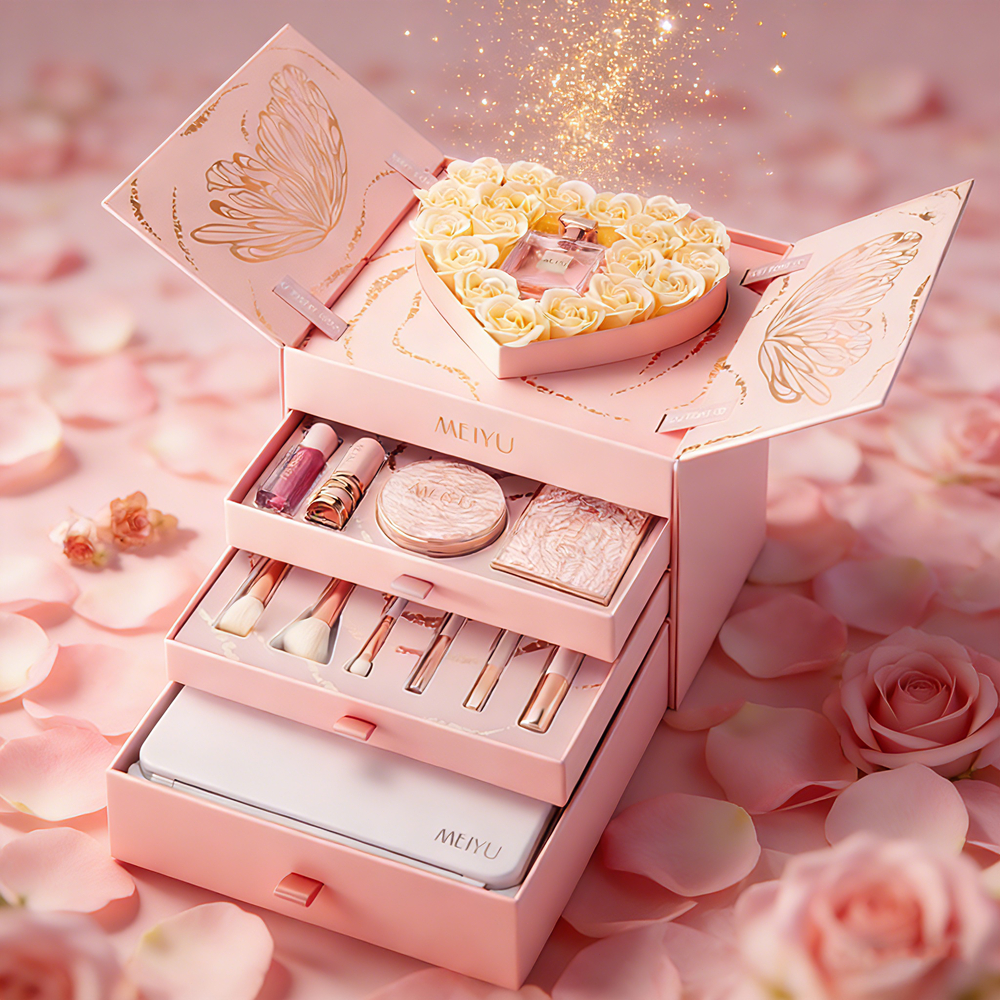 Bộ Quà Tặng Trang Điểm MEIYU 4 tầng 12 món Quà tặng bạn gái người yêu có Hoa sáp Trái Tim Gương LED 