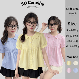  Áo Sơ Mi Nữ Babydoll Cổ Sen Khuy Hoa Cộc Tay Vải Kẻ Sọc Có Bigsize 45-75kg Phong Cách Korea  50 Cenvibe Clothing  #318 