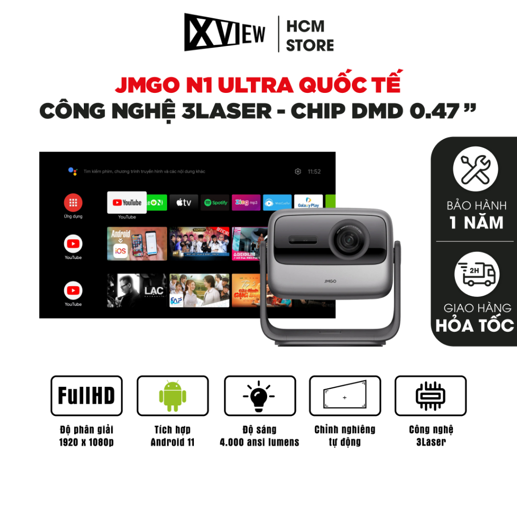 JMGO N1 Ultra Quốc tế - Máy chiếu thông minh tích hợp Android TV 11, độ phân giải 4K UHD 3840x2160p 