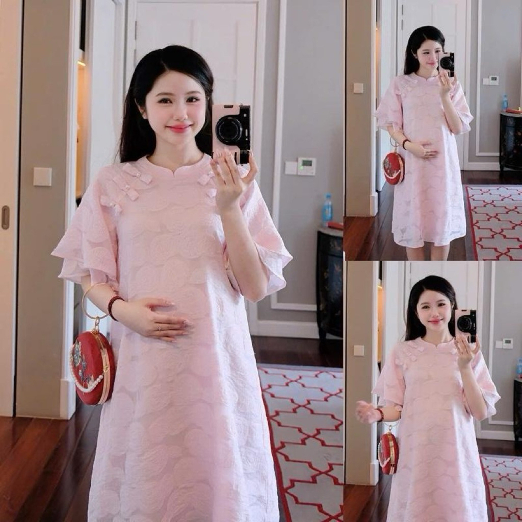 EVERMOM l Đầm bầu Tết Hyra hoa hồng 6 nơ cho mẹ mang Tết, đi tiệc thanh lịch, sang trọng, sang chảnh