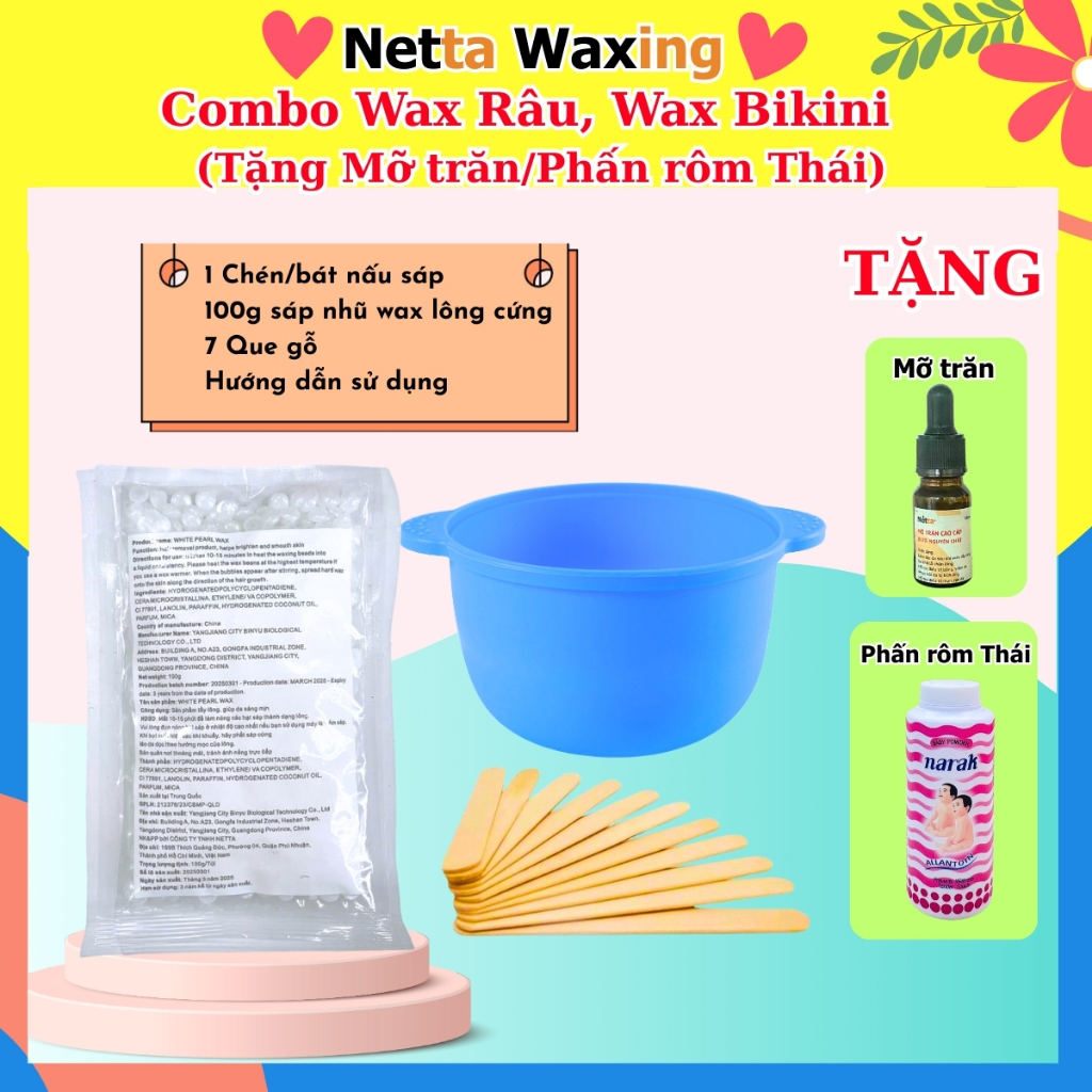 Combo Wax Lông Wax Râu Nam, Wax Bi, Lông Cứng, Độ Bám Lông Siêu Tốt, Tặng Mỡ Trăn Hoặc Phấn Rôm Thái