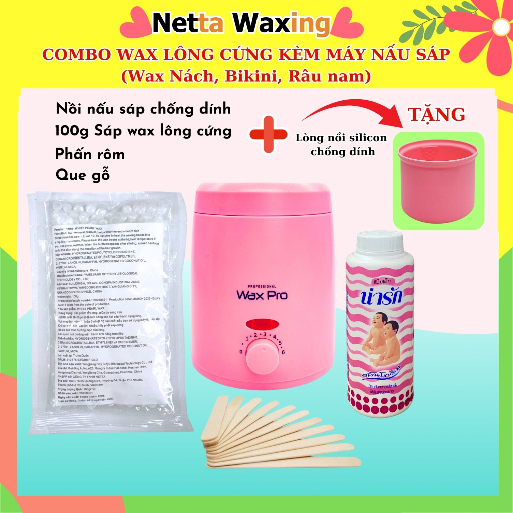 Combo Wax Nách, Râu Nam, Wax Bi Chuyên Nghiệp gồm 1 Nồi chống dính mini +100g sáp wax lông cứng + ph