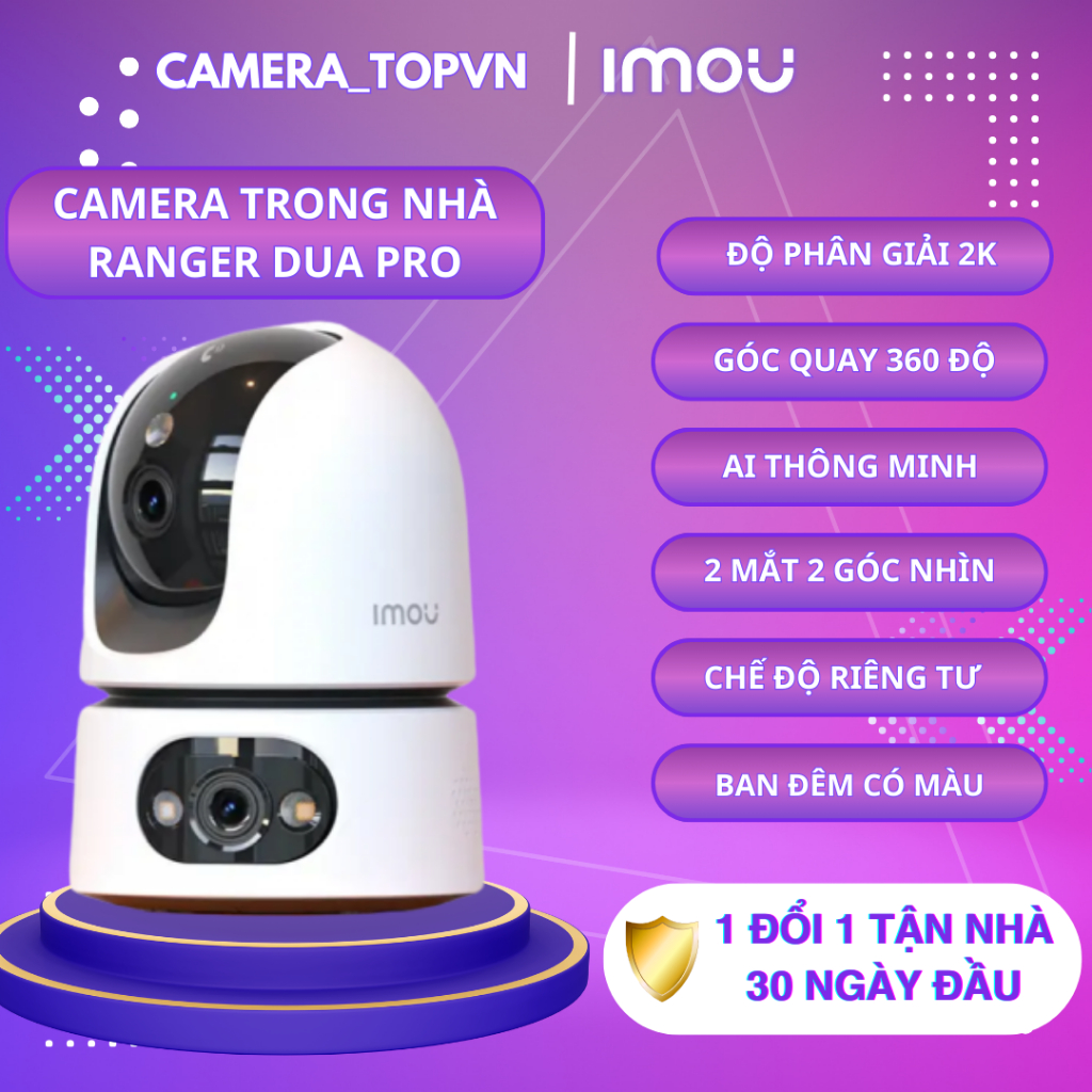 Camera wifi Imou 2 mắt trong nhà RANGER DUAL PRO, độ phân giải 6MP & 10MP, xoay 360 độ, đàm thoại 2 