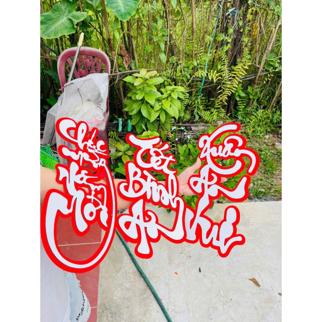 Chữ alu phối nhung chúc mừng năm mới, xuân an vui decor, trang trí tết