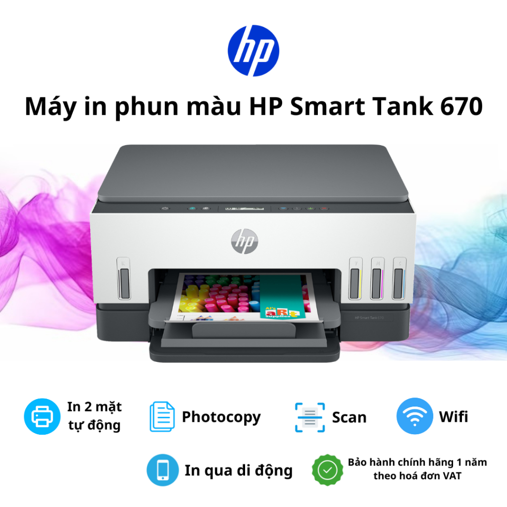  Máy in phun màu HP Smart Tank 670 All-in-One  6UU48A  - In 2 mặt tự động scan photo kết nối WiFi - Bảo Hành 1 Năm 