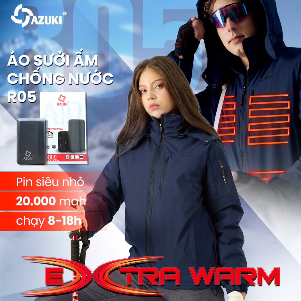 Áo Sưởi Ấm Azuki AZUKI R05 Chống Nước Chạy Bằng Pin Chất Lượng Cao Cấp [Pin 20.000mAh, BH 12 Tháng c