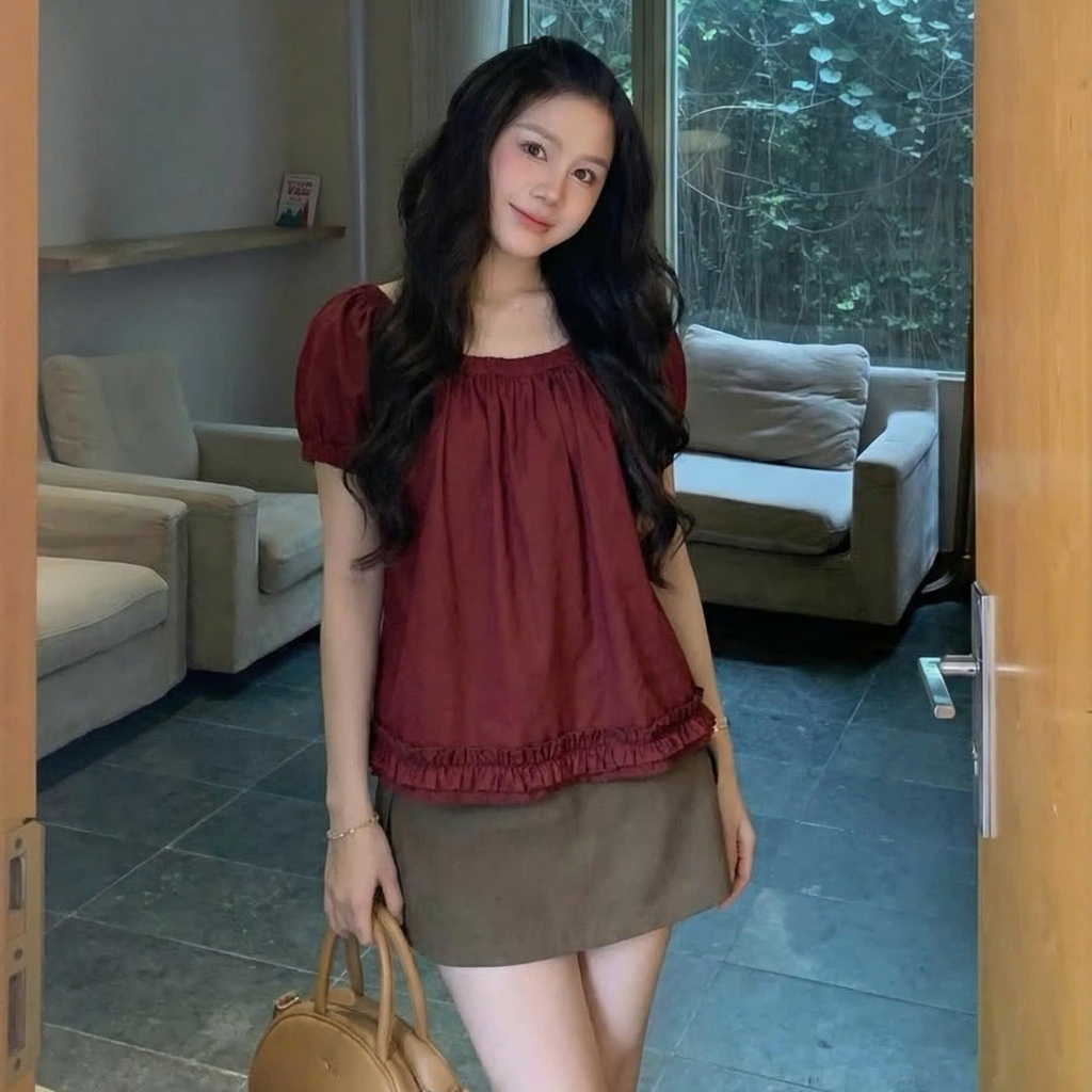Áo babydoll cổ tròn bo chun tay phồng viền bèo mặc được 2 kiểu Zeko ୨୧ by Vintagevibes.